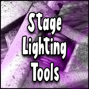 Stage lighting tools on a purple background.